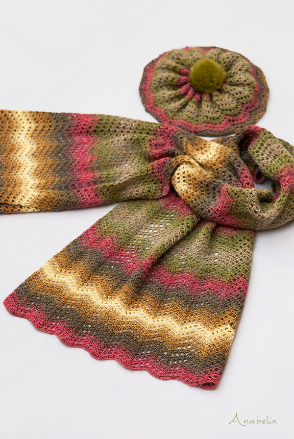 Light Chevron stitch free pattern scarf and hat, Anabelia Craft Design