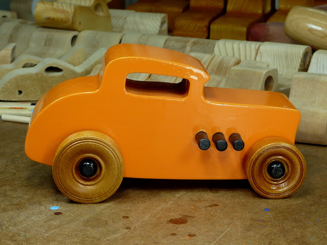 Handmade Wooden Toy Car Hot Rod 1932 Ford Deuce Coupe Orange With Black Trim