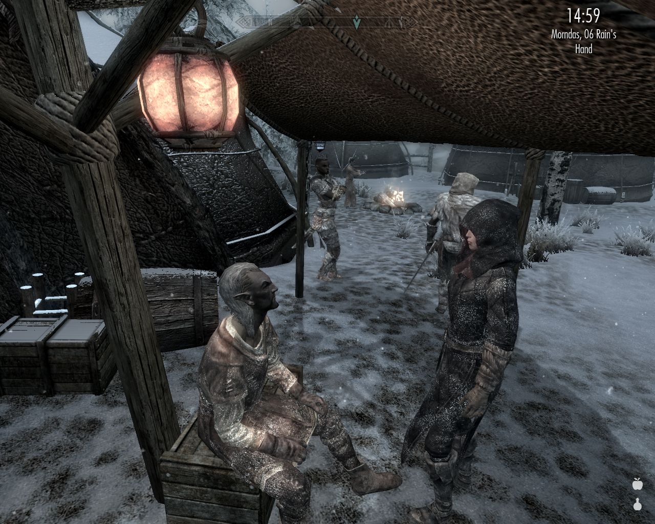 Laura wearing a hood stands before a sitting elven man under a canopy, several tents visible