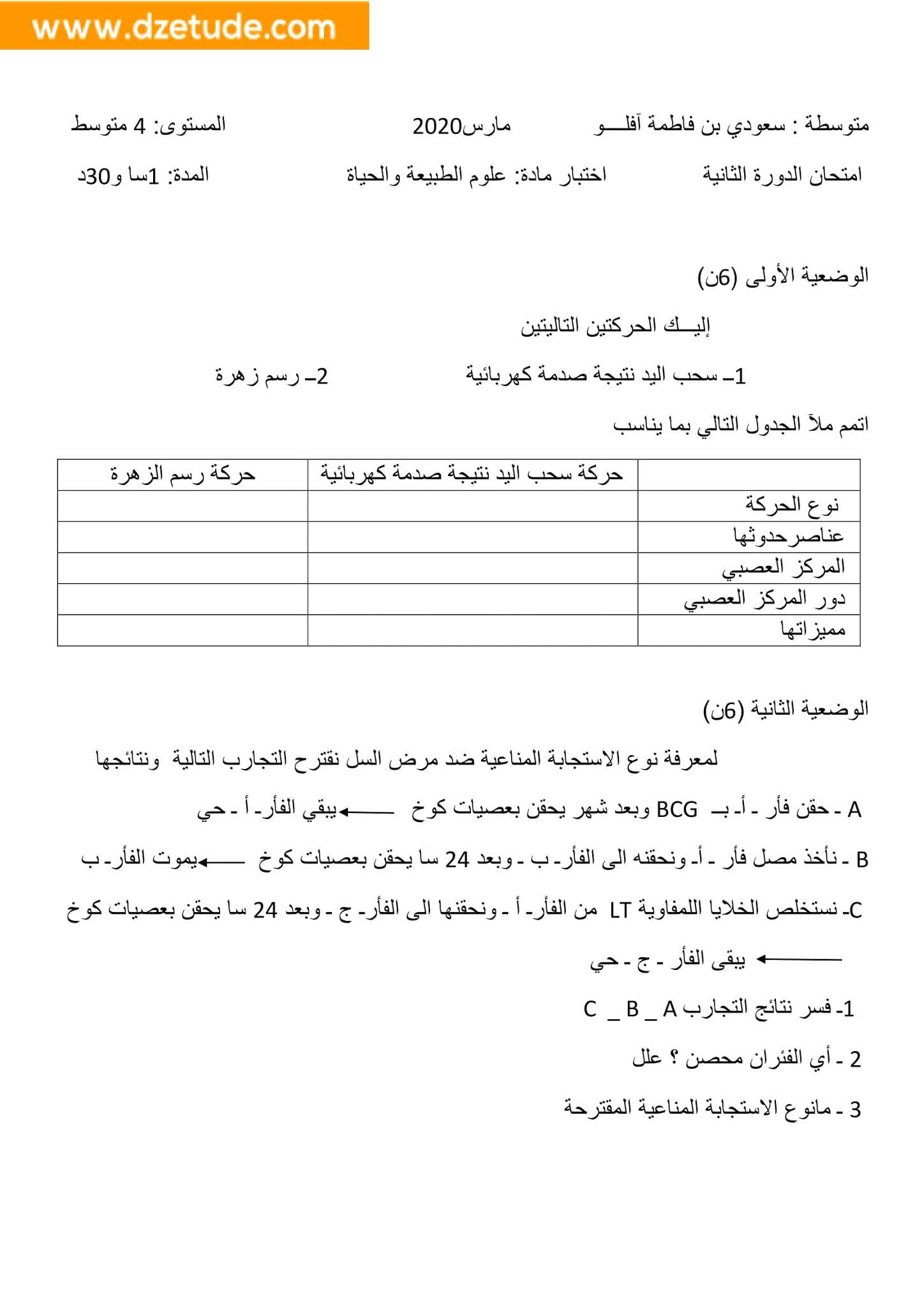 إختبار العلوم الطبيعية الفصل الثاني للسنة الرابعة متوسط - الجيل الثاني نموذج 9