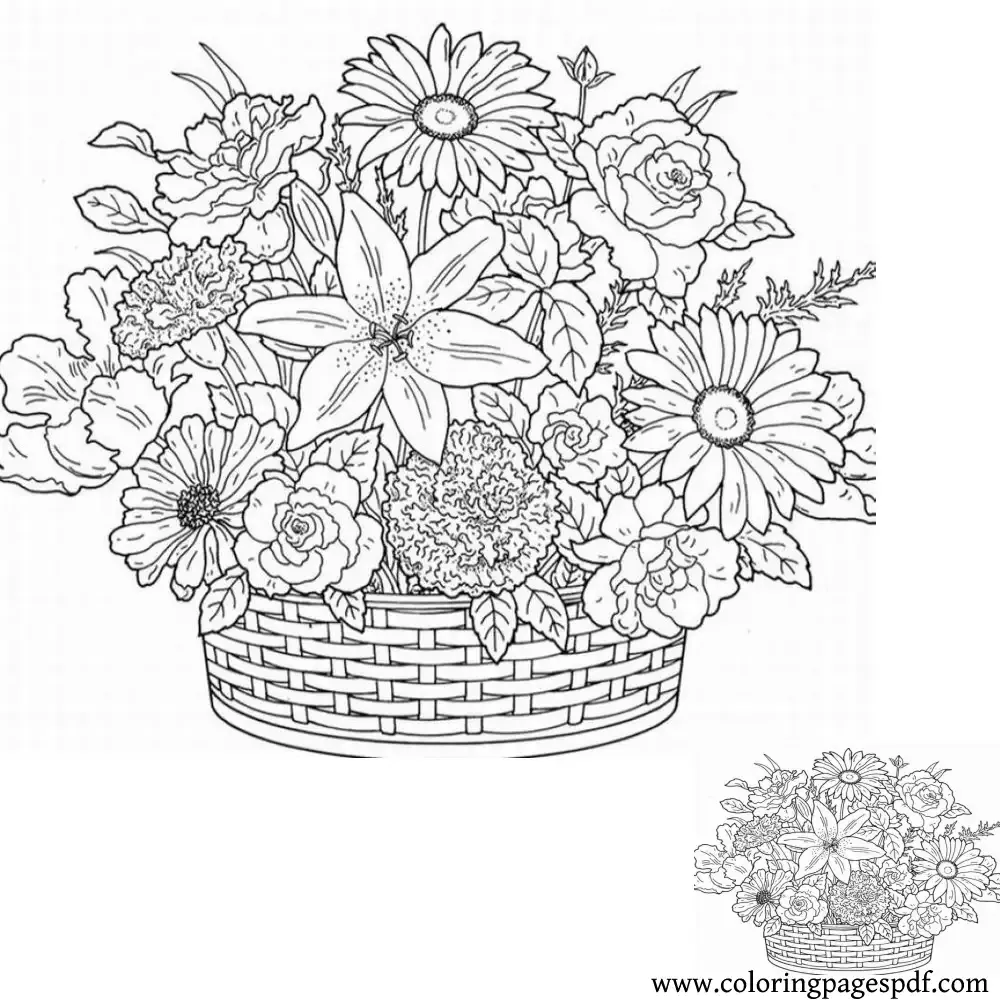 Coloring Page Of A Basket Full Of Flowers And Roses