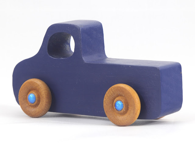 Little Blue Truck Handmade From Wood and Painted Navy Blue With Metallic Blue Hubs
