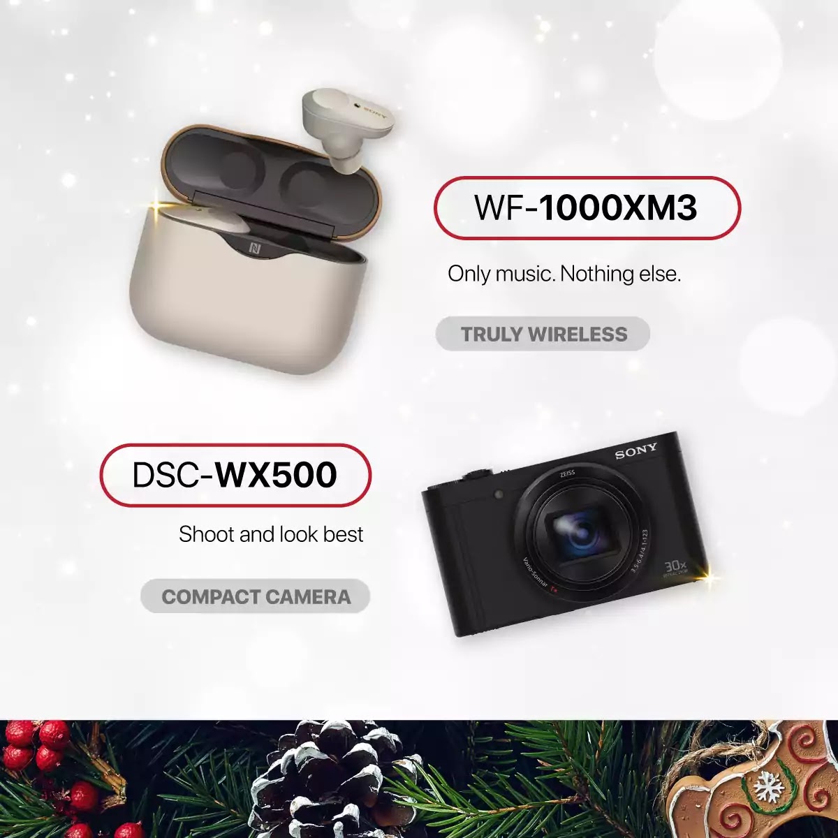Sony WF-1000XM3 Truly Wireless headphones and DSC-WX500 compact camera Sony WF-1000XM3 Truly Wireless headphones and DSC-WX500 compact camera