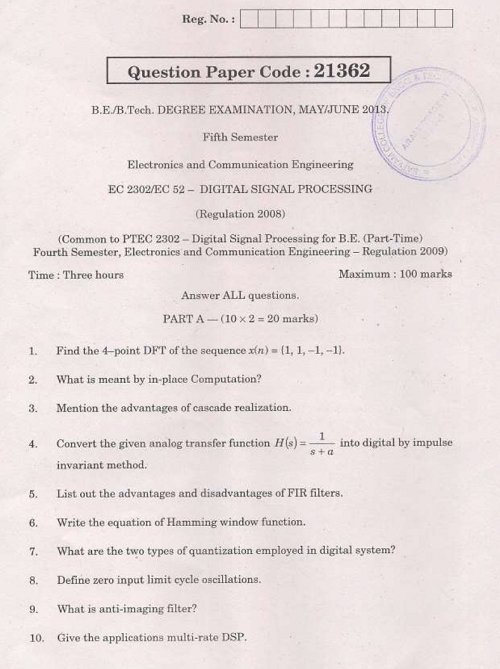 EC2302 Digital Signal Processing May June 2013 Past Exam Paper