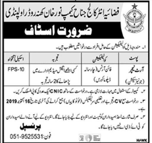 Staff Required - Fazia Inter College Jinnah Camp, Rawalpindi