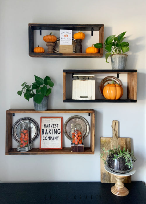 Wooden Shelves from reclaimed wood, decorated for fall.