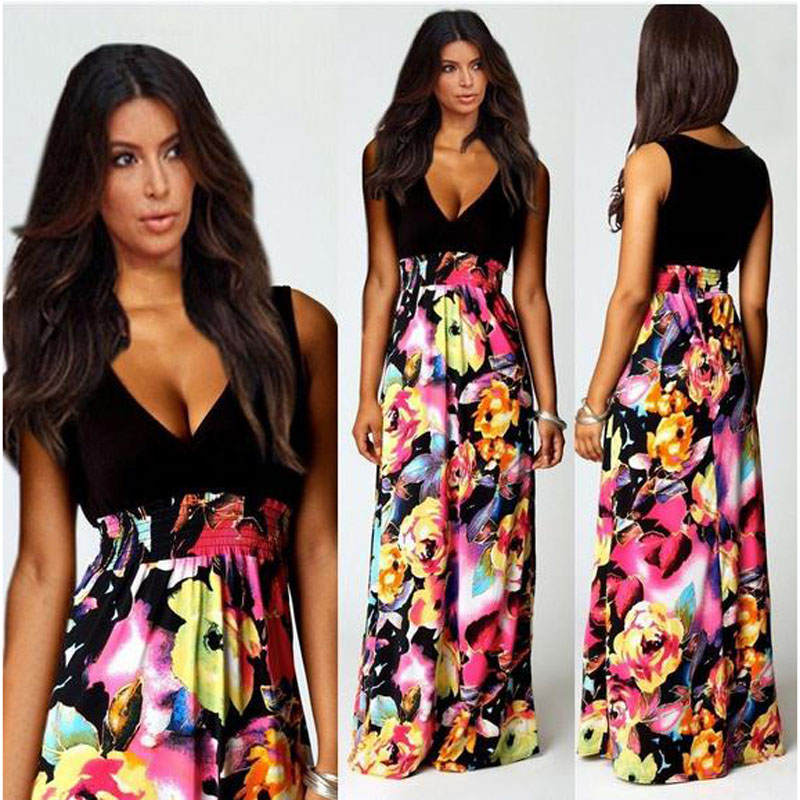 Summer Style Womens Floral Print Chiffon Long Dresses V-Neck Plus Size S-XL