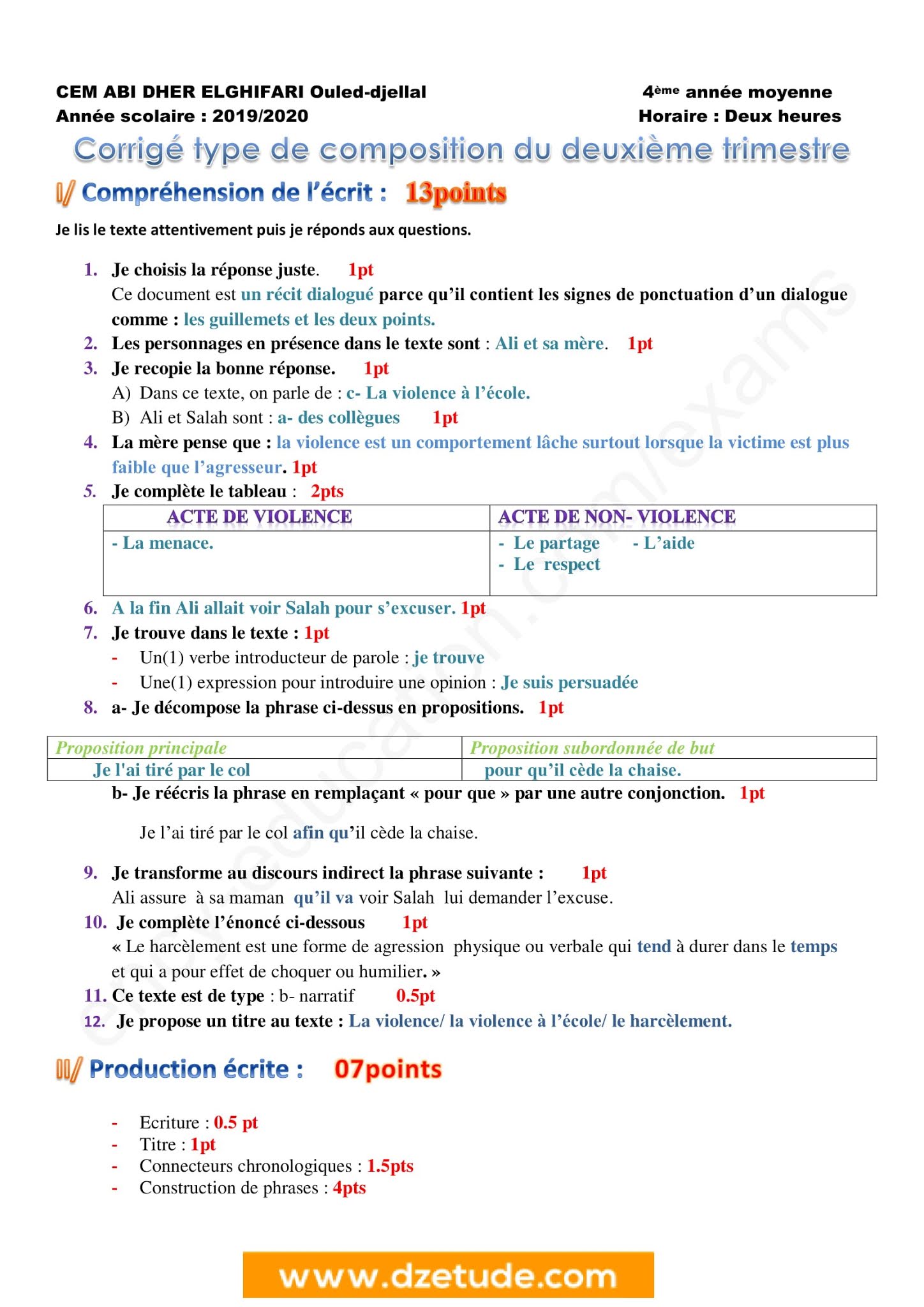 إختبار اللغة الفرنسية الفصل الثاني للسنة الرابعة متوسط - الجيل الثاني نموذج 9