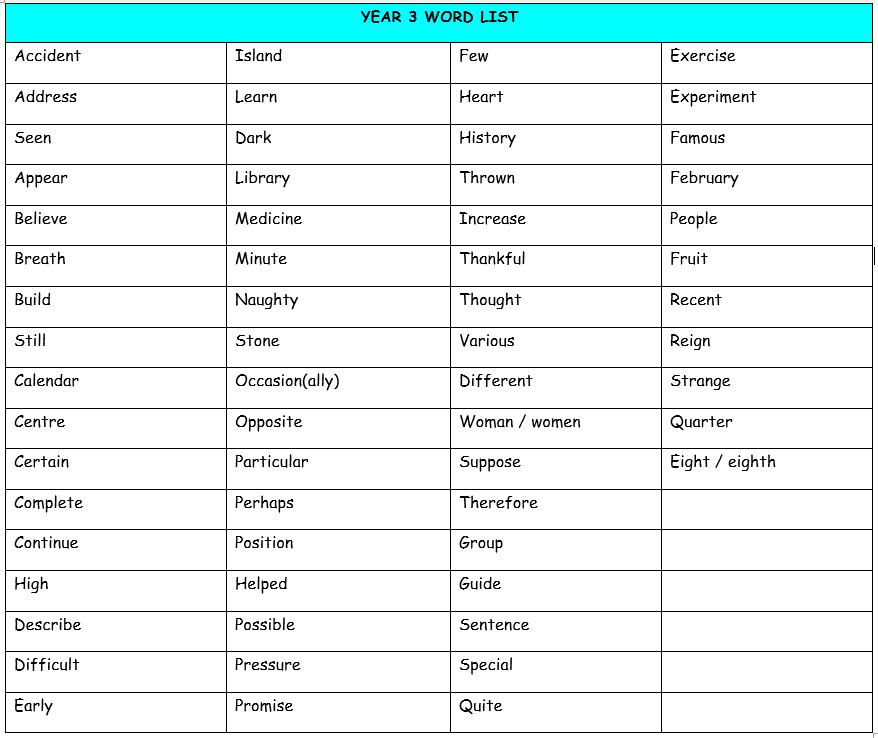 Year 3 spelling words image