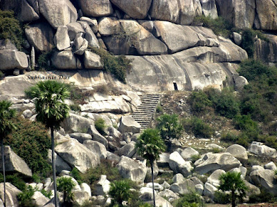 The stairs lead to the caves in the Nagarjuna Hills