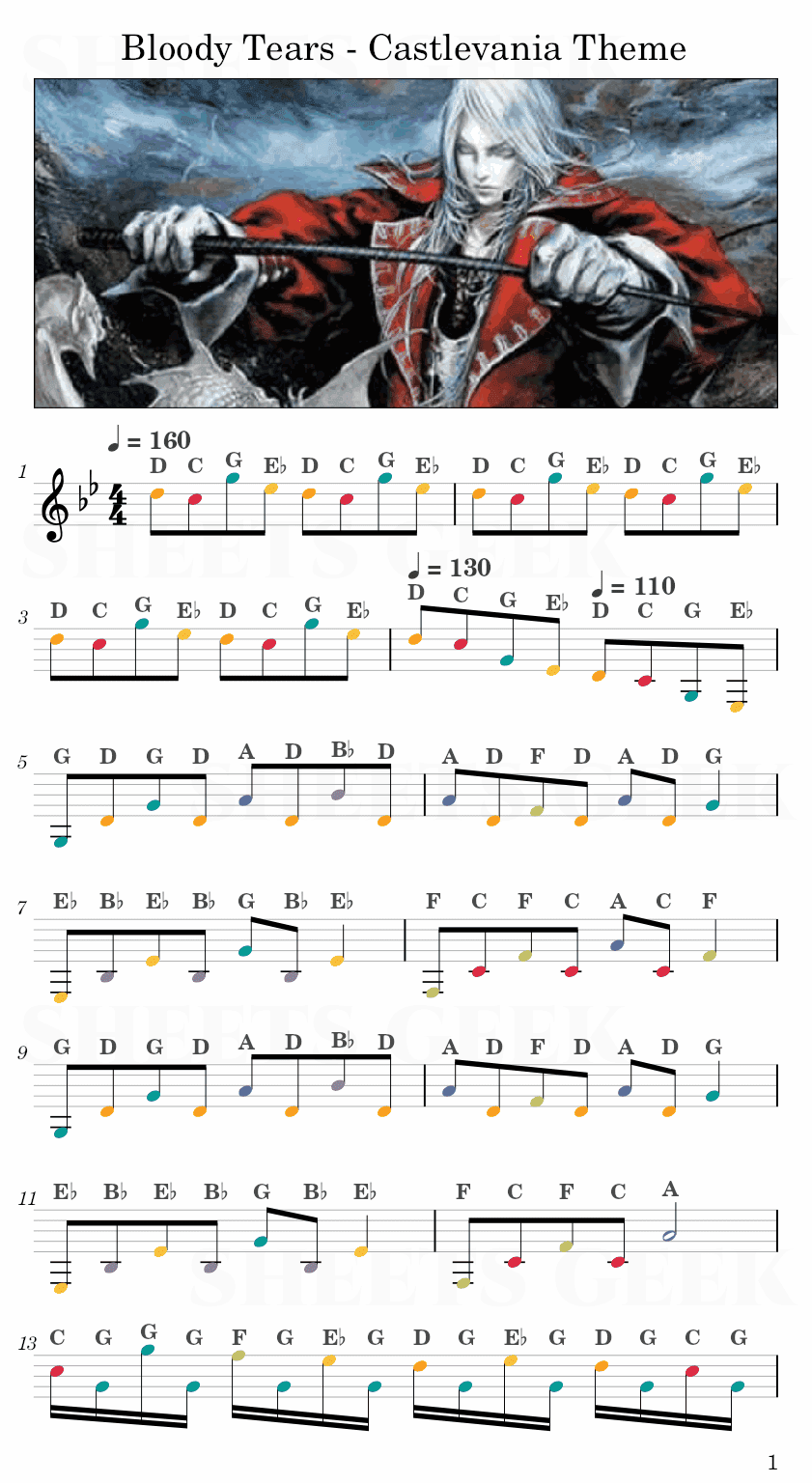 Bloody Tears - Castlevania Theme Easy Sheet Music Free for piano, keyboard, flute, violin, sax, cello page 1