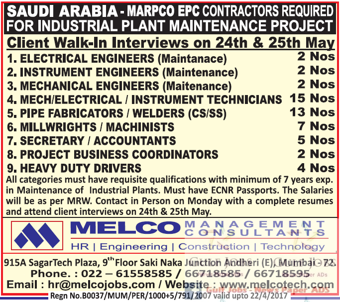 Industrial plant Maintenance jobs for KSA Gulf Jobs for Malayalees
