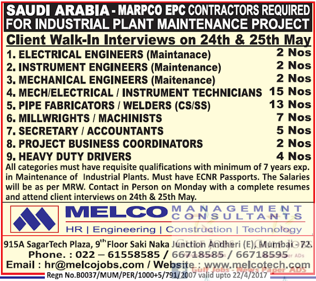 Industrial plant Maintenance jobs for KSA Gulf Jobs for Malayalees