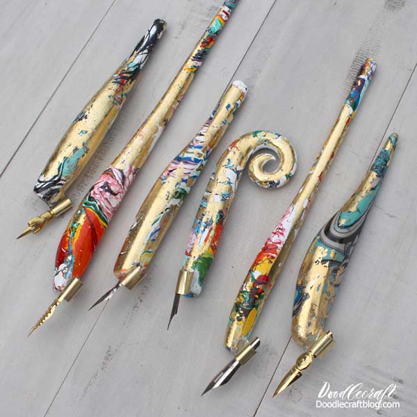 Marbled Oblique Calligraphy nib holders made with Easy Sculpt resin clay.