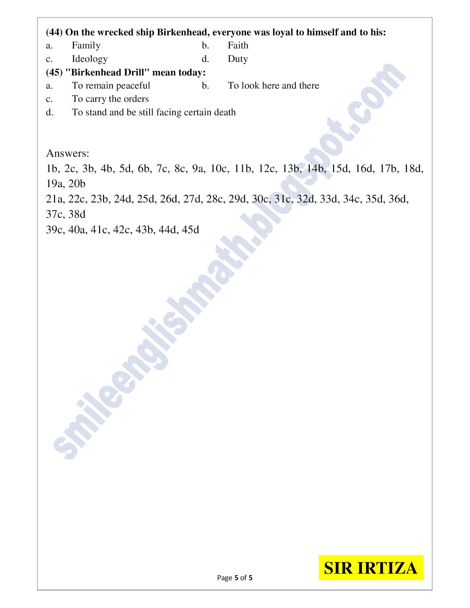 Birkenhead Drill MCQ English XI