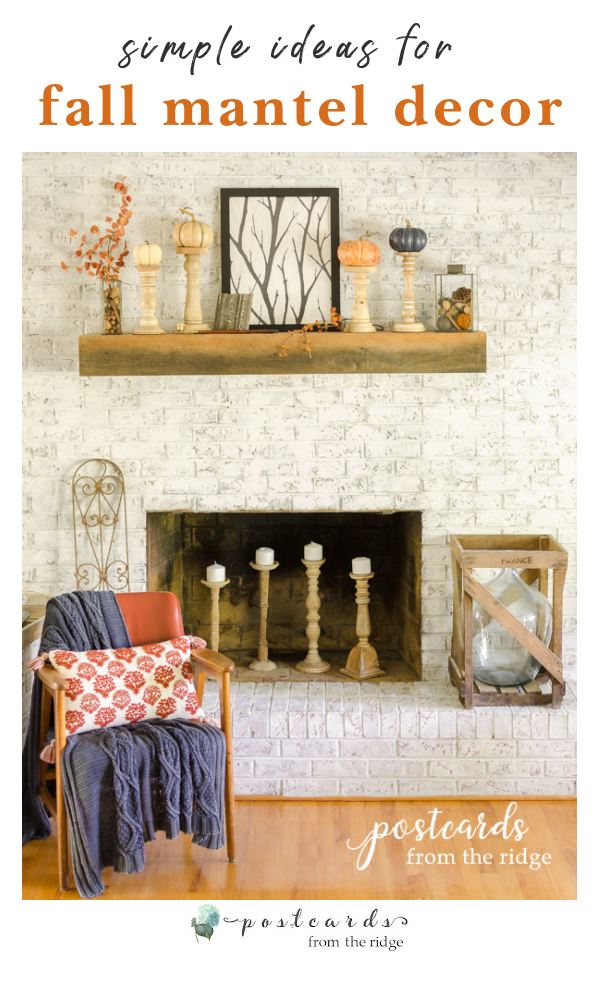 fall decor on white painted brick fireplace mantel