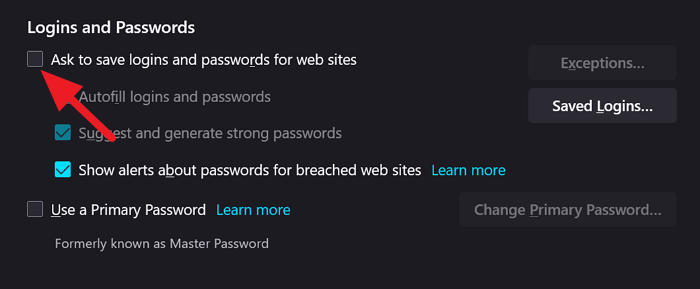 Отключить предложение сохранить пароли в Firefox