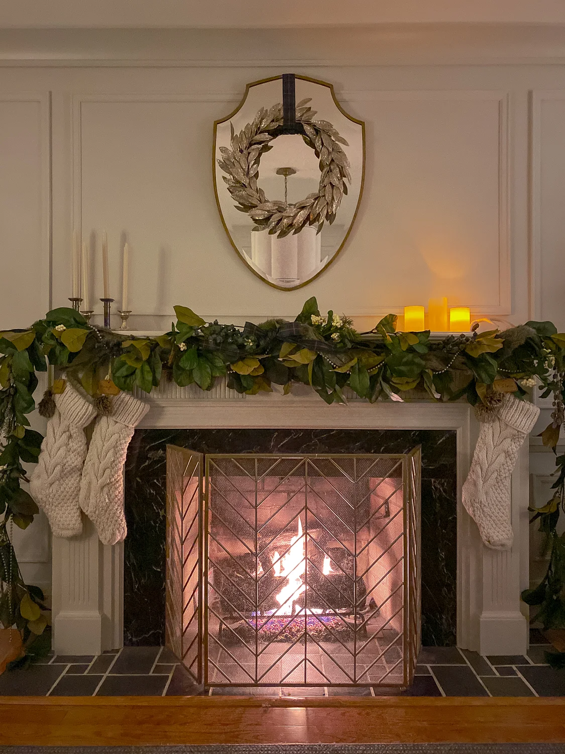 traditional living room at christmas, christmas tree at night, christmas living room at night