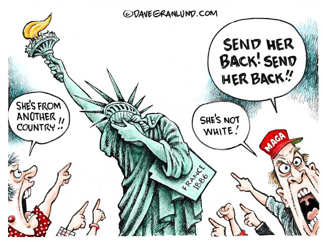 Crowd of Trump supporters surrounding Lady Liberty screaming, 