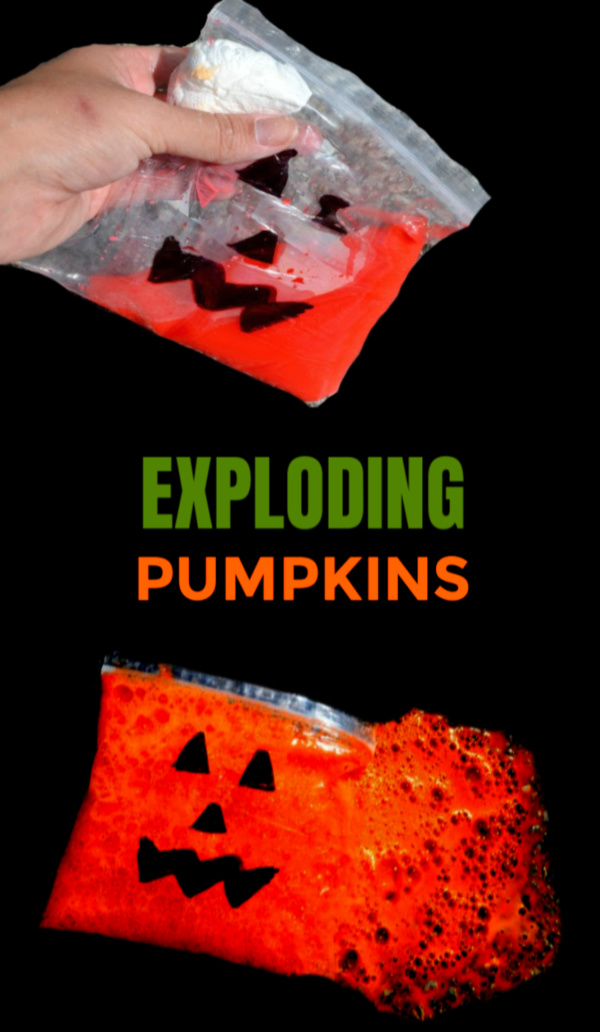 Wow the kids with this exploding baggie experiment perfect for Halloween.  Make ghosts and pumpkins explode using a sidewalk chalk recipe. #explodingsidewalkchalk #explodingscienceexperiments #explodingbaggieexperiment #explodingbaggies #Halloween #Halloweenscience #halloweenexperimentsforkids #scienceexperimentskids #growingajeweledrose #activitiesforkids