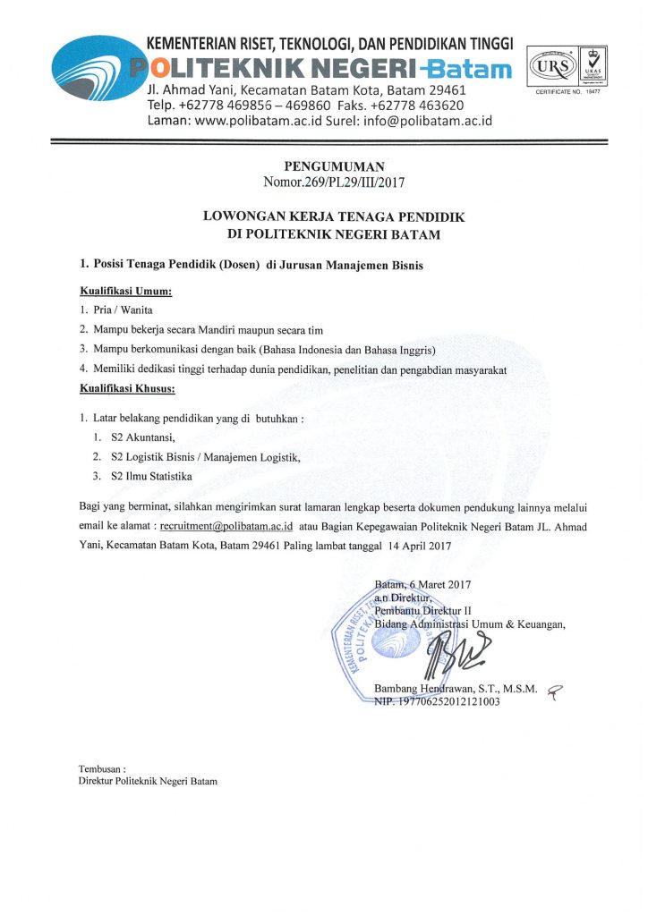 Lowongan Kerja Tenaga Pendidik (Dosen) Manajemen Bisnis Politeknik