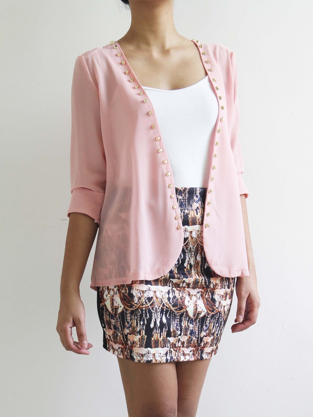 Mango+Orangie Stud Trim Chiffon Blazer With Mini Shoulder Pad