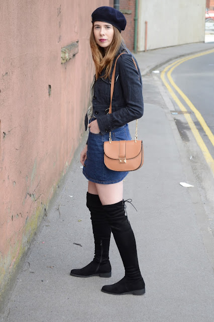 Women's Fashion blogger, Navy cropped military wool coat from Allsaints, Denim button down A-line skirt. Vintage Beret, Black suede Thigh high boots from Public desire