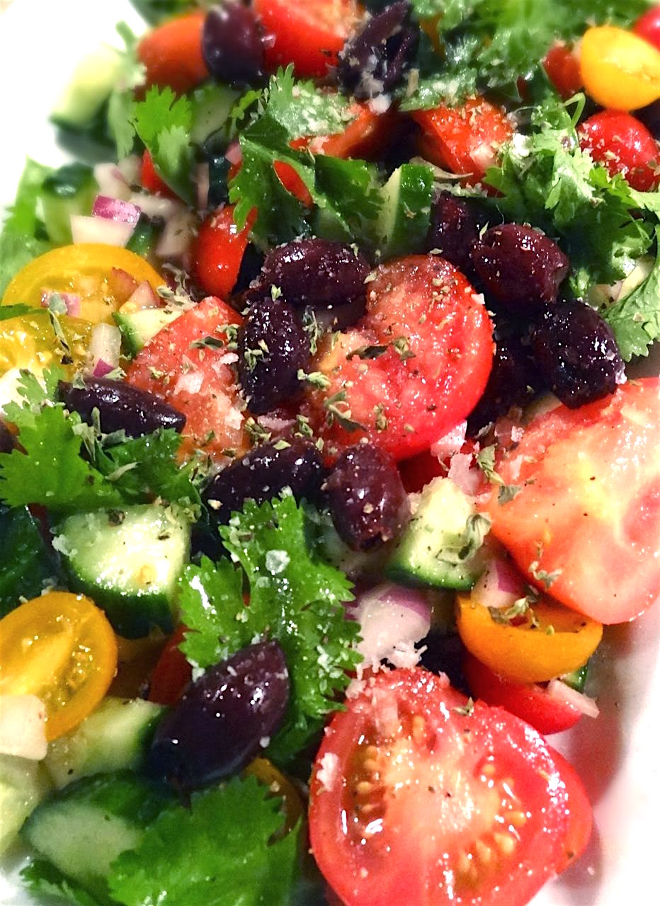 Scrumpdillyicious Tomato Salad with Cucumber, Olives & Oregano