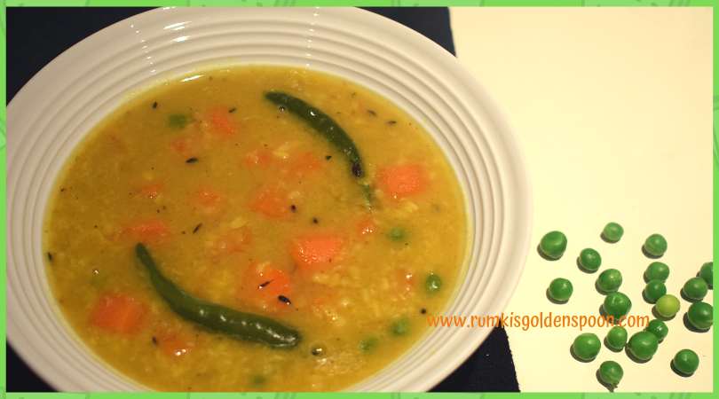 Indian Recipe, Bengali Cuisine, Vegetarian, Vegan, Bengali Style Vegetable Moong Dal (Yellow Lentils with Peas and Carrots), Moog Dal, Bong ranna, Rumki's Golden Spoon