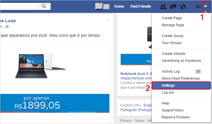 Acessando as configurações do Facebook para português