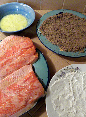 Four Plates: trout, flour, beaten egg wash, pecan-breadcrumb mixture