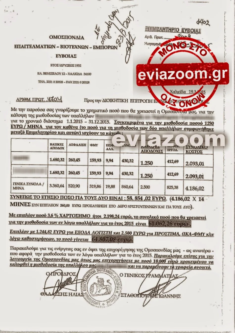 Επιμελητήριο Εύβοιας: Αγιοστρατίτη και Θαλάσης πήραν 120.000 ευρώ επιχορήγηση για να πληρώσουν πέντε υπαλλήλους - Οι μισθοί ξεπερνούν τα 2000 ευρώ - Όλα τα έγγραφα στον αέρα
