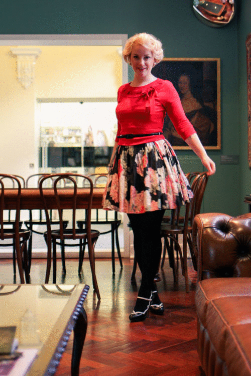 @findingfemme wears black floral Bardot dress, Review Australia sweater and Wittner Heels in Ballarat.