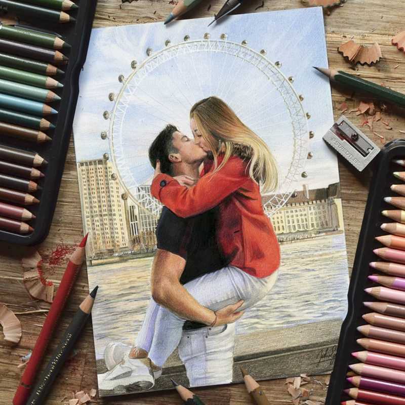Retrato pareja con lápices de colores