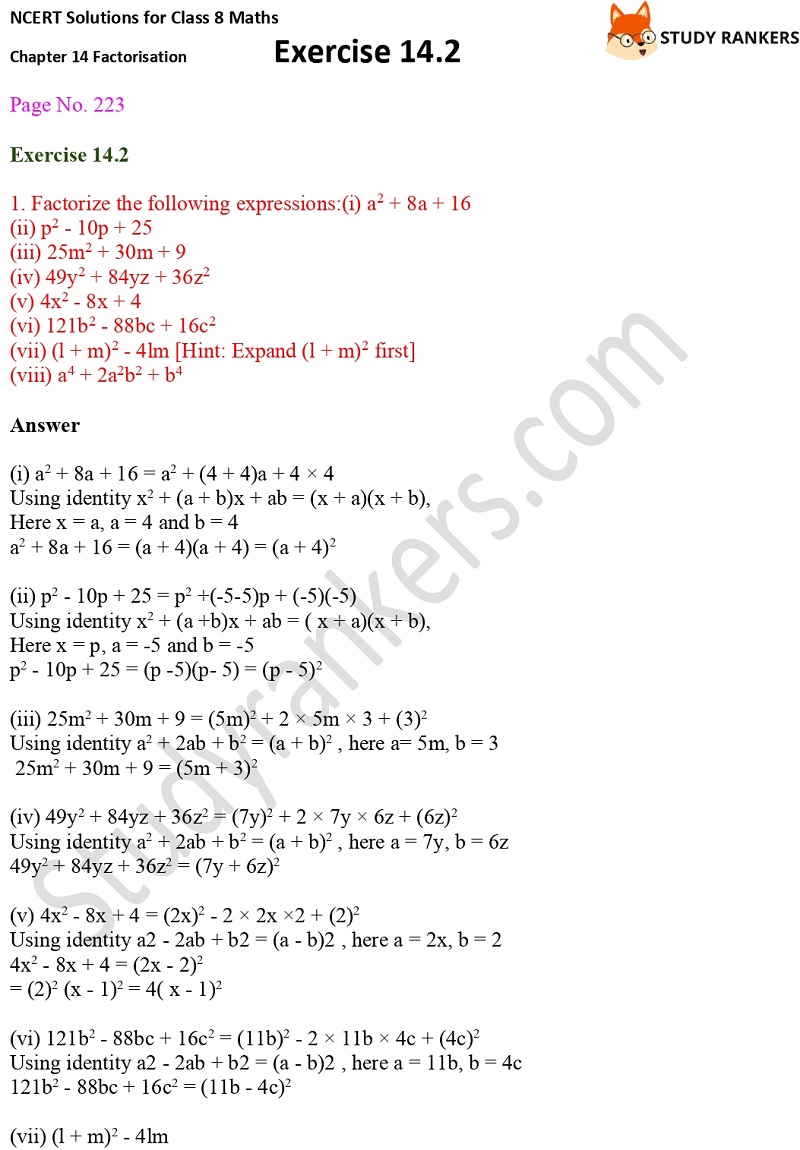 NCERT Solutions for Class 8 Maths Ch 14 Factorization Exercise 14.2 1