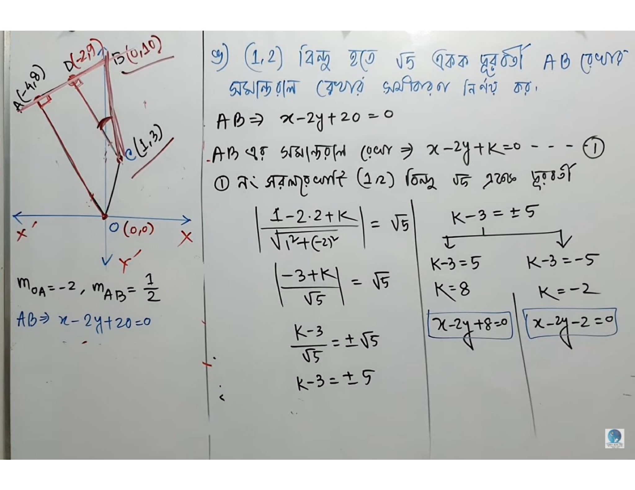 স্থানাঙ্ক জ্যামিতির মাধ্যমে সরলরেখা সংক্রান্ত সমস্যা সমাধান: চিত্রে OABC একটি চতুর্ভুজ। A(-k, 2k), k> 0 এবং OA =√80একক। 0C রেখা, y – 3x = 5 রেখার সমান্তরাল এবং C বিন্দুটি AB এর লম্ব সমদ্বিখণ্ডক রেখার উপর অবস্থিত https://www.banglanewsexpress.com/