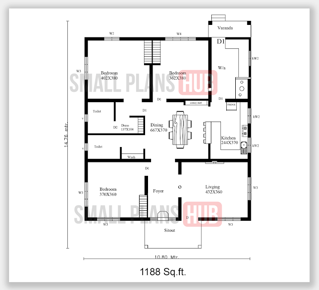 1188 Sq.Ft.Three Bedroom House Plan