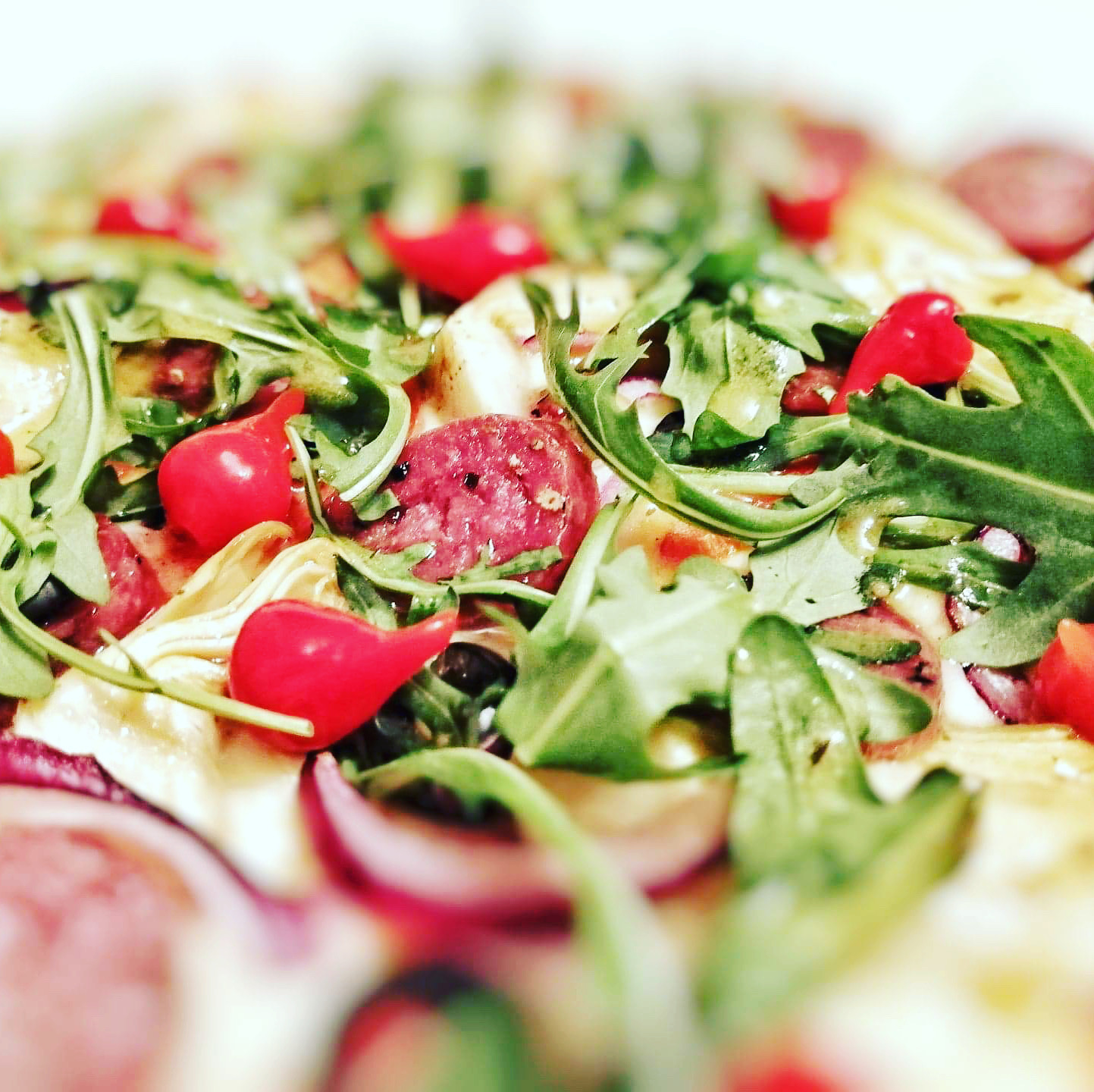 A Mouthful of Mark Fennel Salami, Artichoke and Drop Pepper Flatbreads