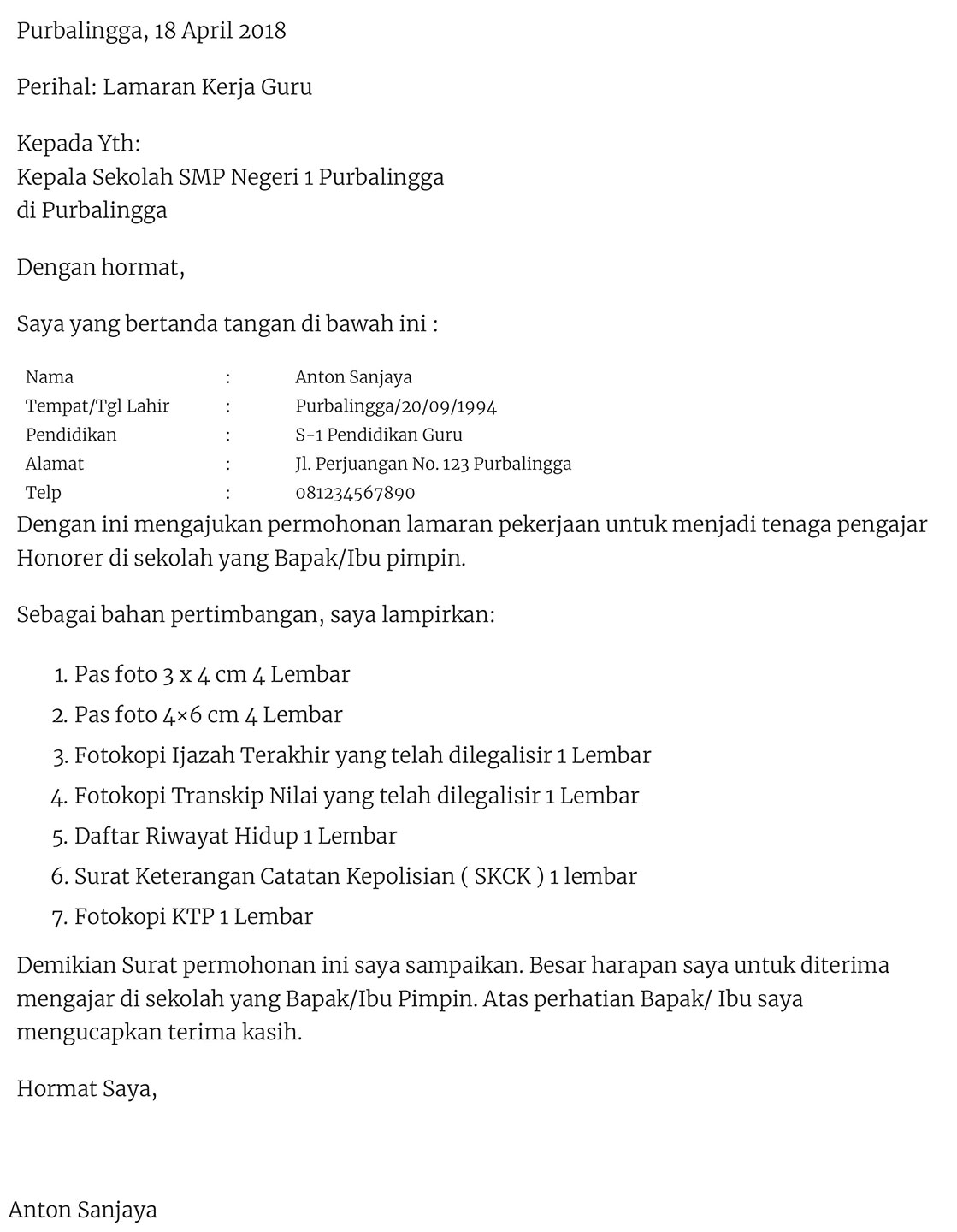 Contoh Surat Lamaran Kerja Guru