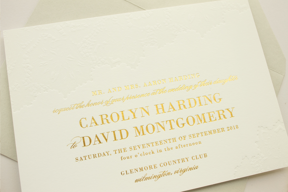 Gold Foil and Blind Letterpress Lace Wedding Invitation Suite Delicate