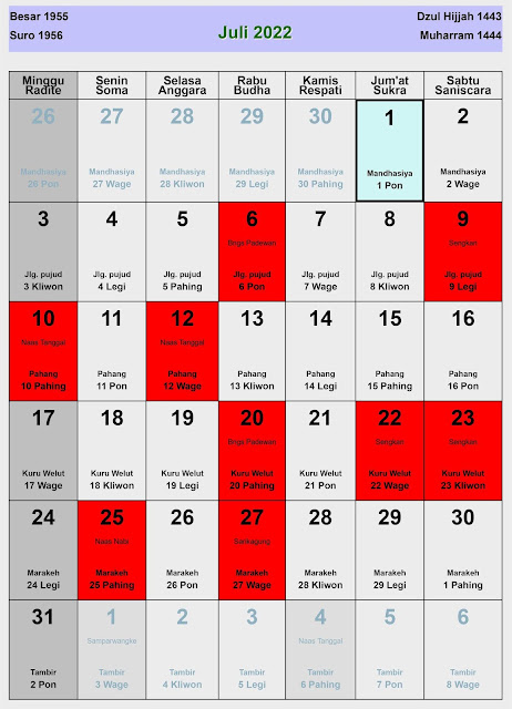 Kalender Jawa Juli 2022 Lengkap Hari Baik & Buruk  Enkosa.Com