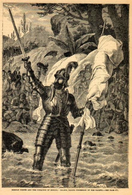Ilustración de Vasco Nuñez de Balboa reclamando posesión del Mar del Sur
