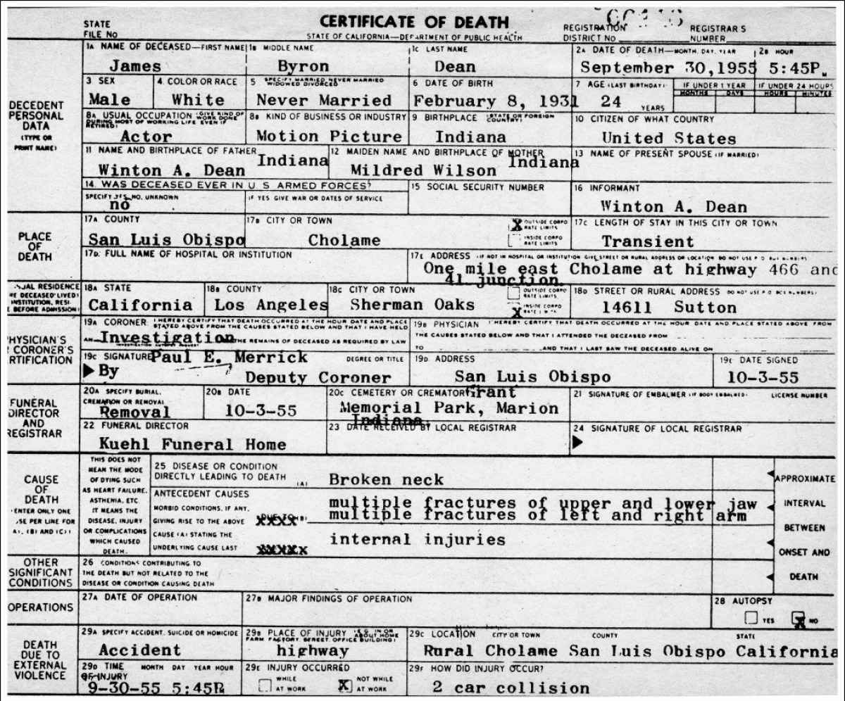 James Dean Death Certificate