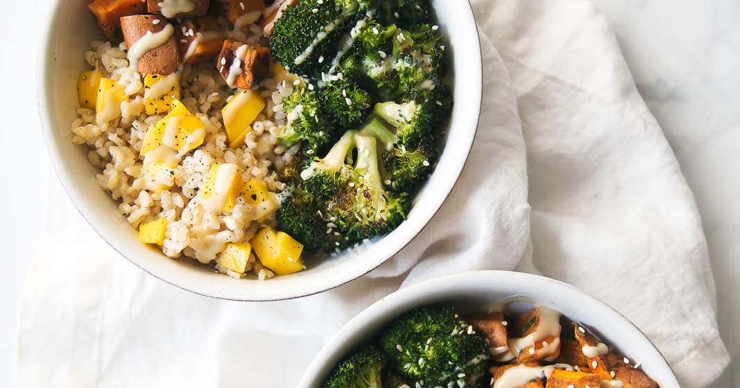 Vegan Sweet Potato Buddha Bowl with Orange Sesame Almond Butter