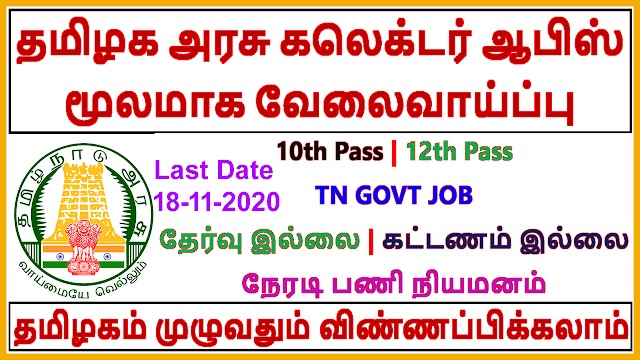 தமிழக அரசு கலெக்டர் ஆபிஸ் மூலமாக வேலைவாய்ப்பு | collector office recruitment 2020 in tamilnadu