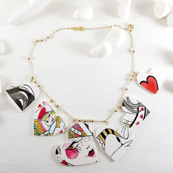 Woman of Hearts tattoo style necklace features hand painted paper art
