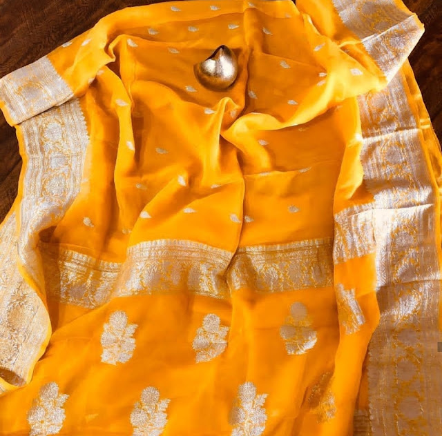 Pure Georgette Chiffon khaddi silver buti orange colour sarees price 5100 Rs.
