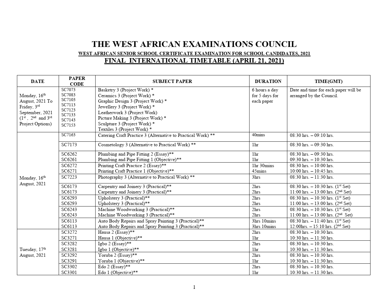 WAEC Timetable for School Candidates [16th Aug - 30th Sept 2021]