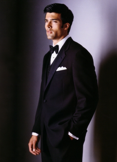 black and ivory tuxedo. with a lack bow tie.