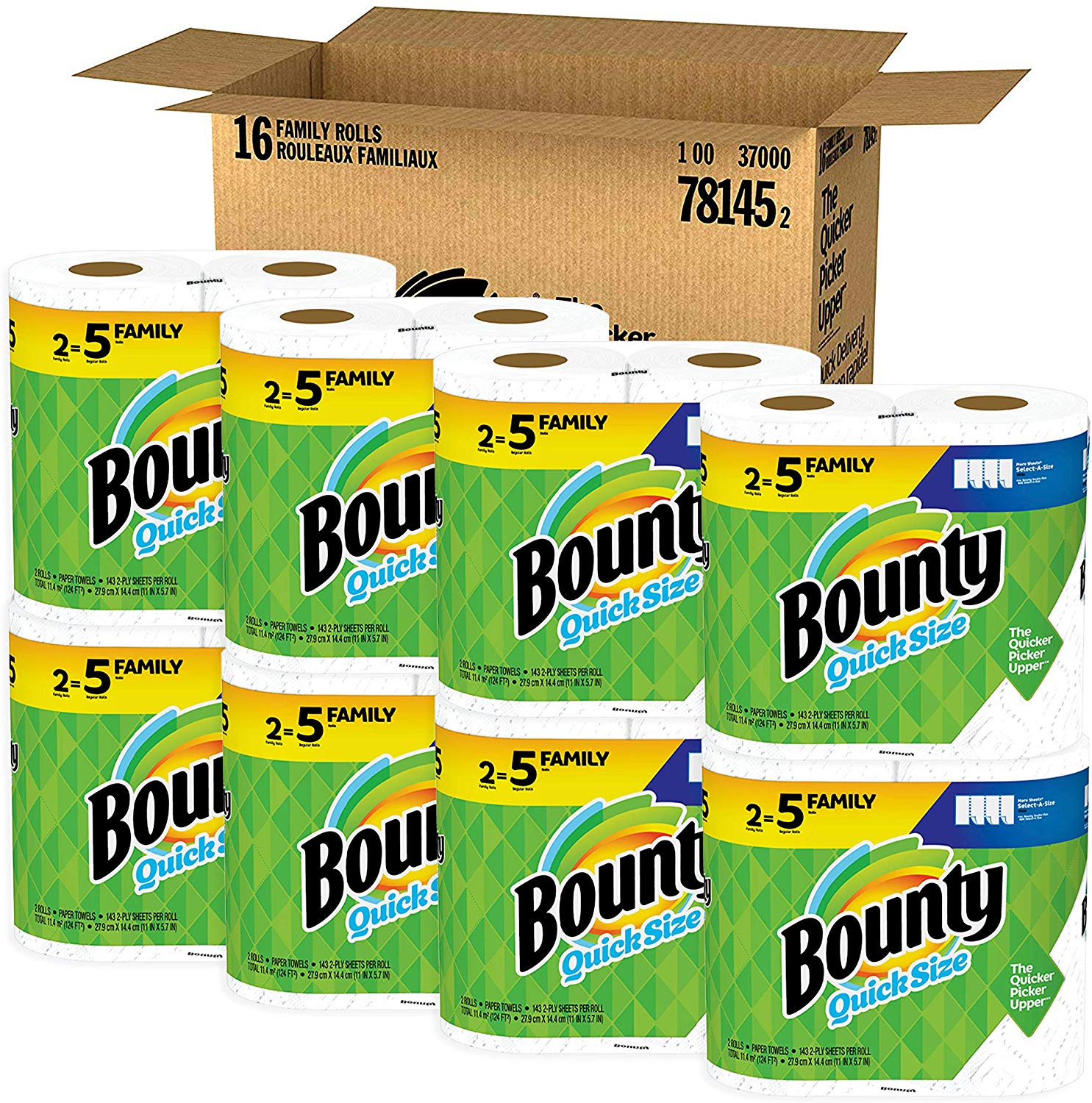 Bounty Quick-Size Paper Towels, White, Family Rolls, 16 Count (Equal to